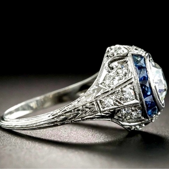 New Sterling Silver & Sapphire Art Deco Ring - Picture 3 of 6